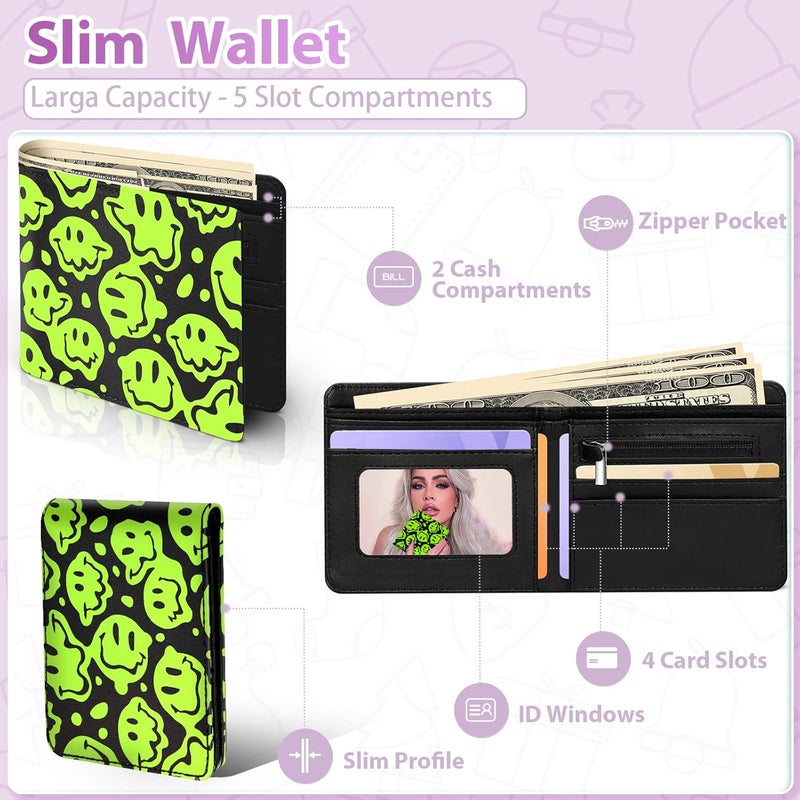 Funermei Cute Wallet for Teen Girls Boys Leather Bifold Wallet Funny Aesthetic Green Credit Card Holder RFID Id Cash Slim Small Bi-fold Wallets with Coin Pocket for Women Little Girl - Image 4